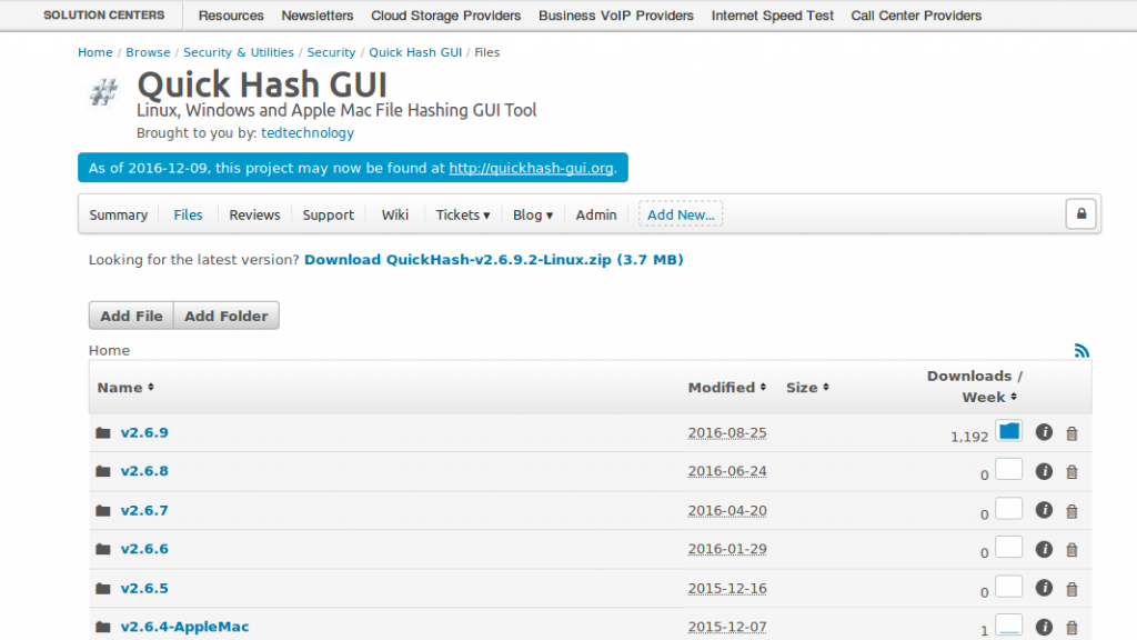 Historic Sourceforge page showing QuickHash Entries