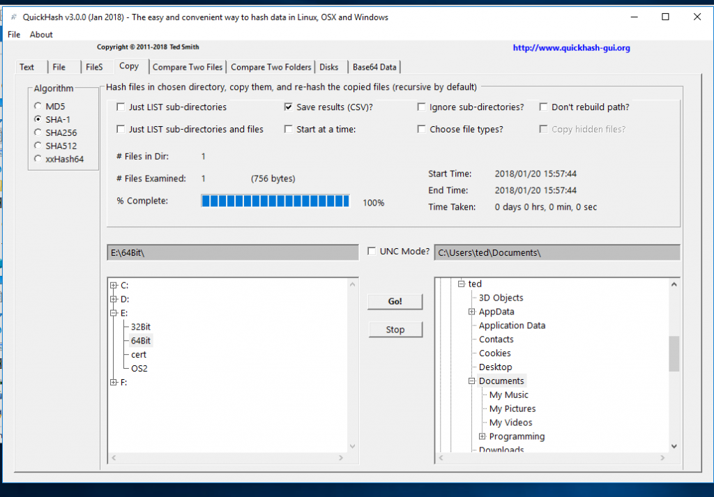 QuickHash v3.0.0 on Windows 10