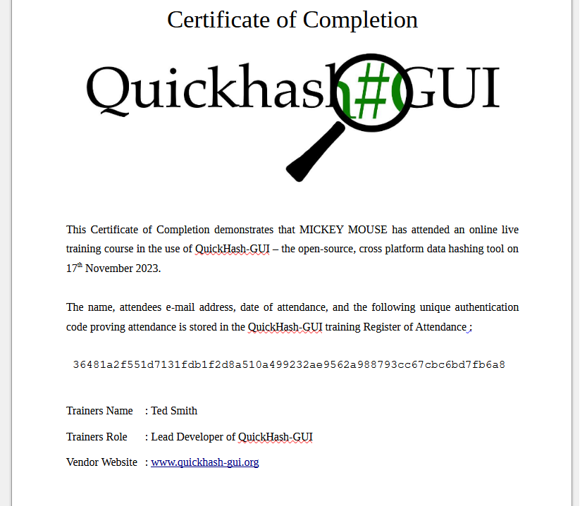 QuickHash-GUI Sample Training Certificate